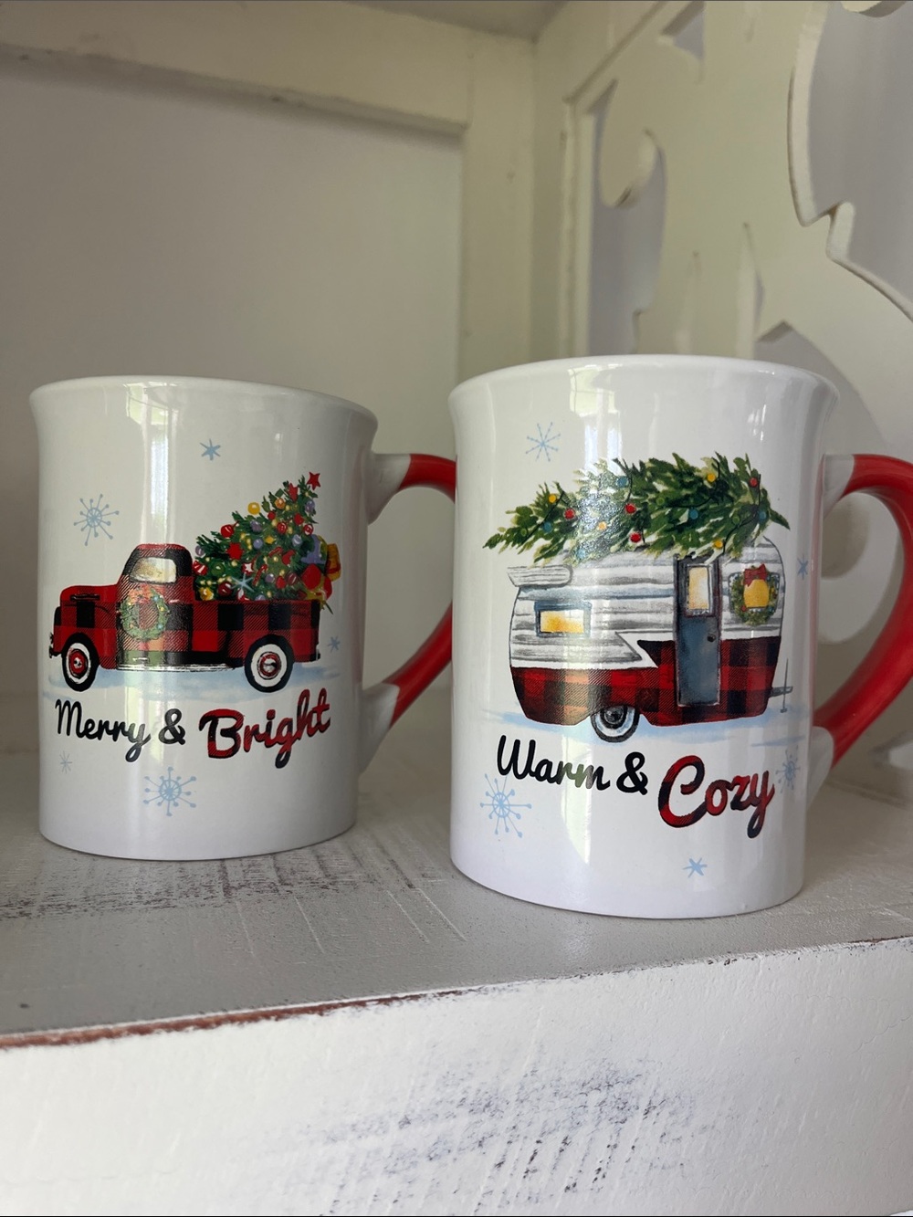 Set of 2 Christmas Buffalo Plaid Truck & Camper Ceramic Mugs Merry & Bright